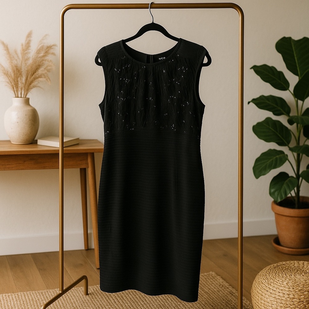 Julian Taylor Black Sheath Midi Cocktail Dress